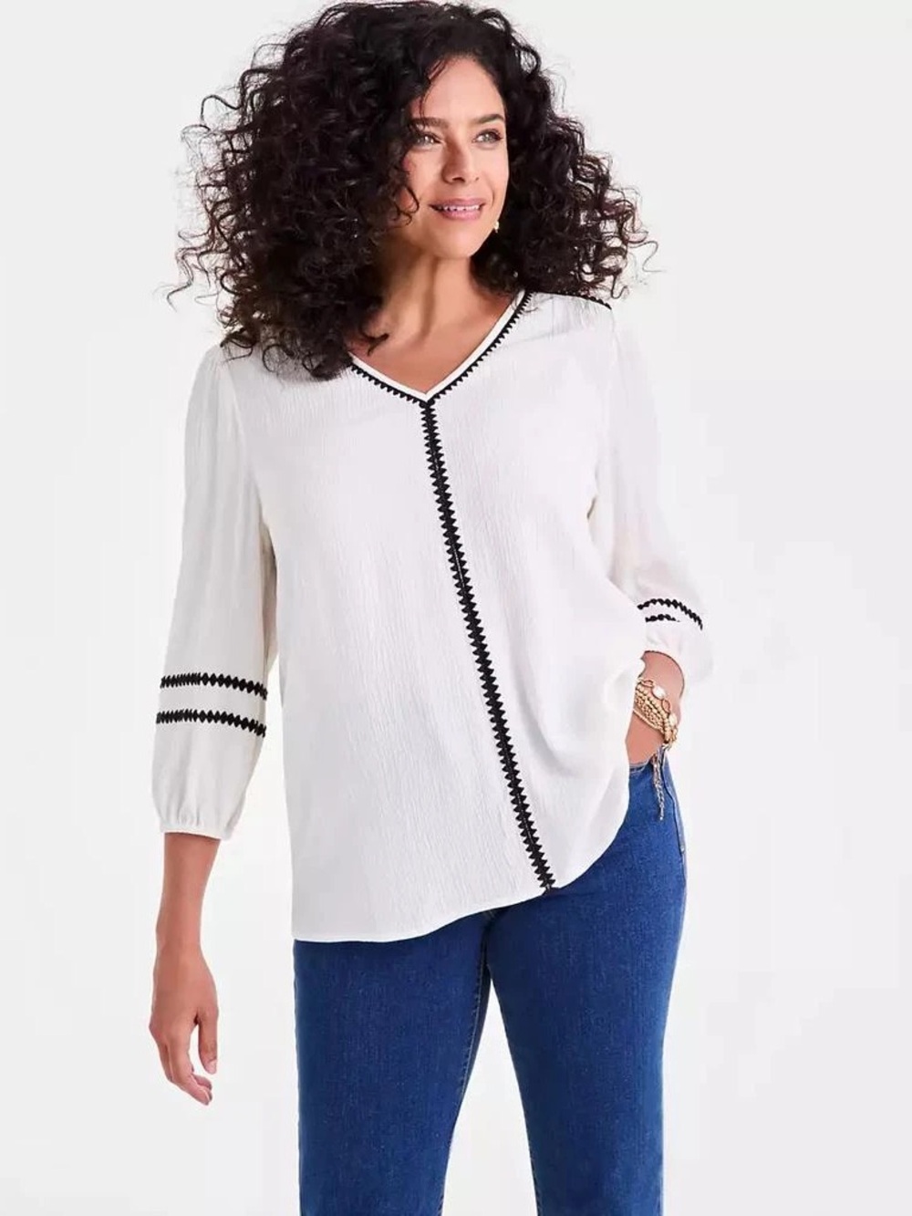 Style&Co Top Sz XL Antique White/w Black Trim 3/4 Sleeves Feminine Casual Blouse